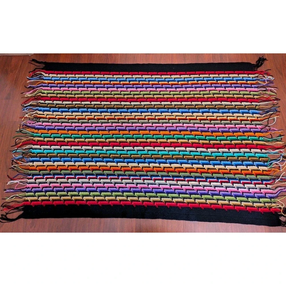 VTG Handmade Crochet Throw Blanket Multi Color Apache Tears Afghan Style Fringe